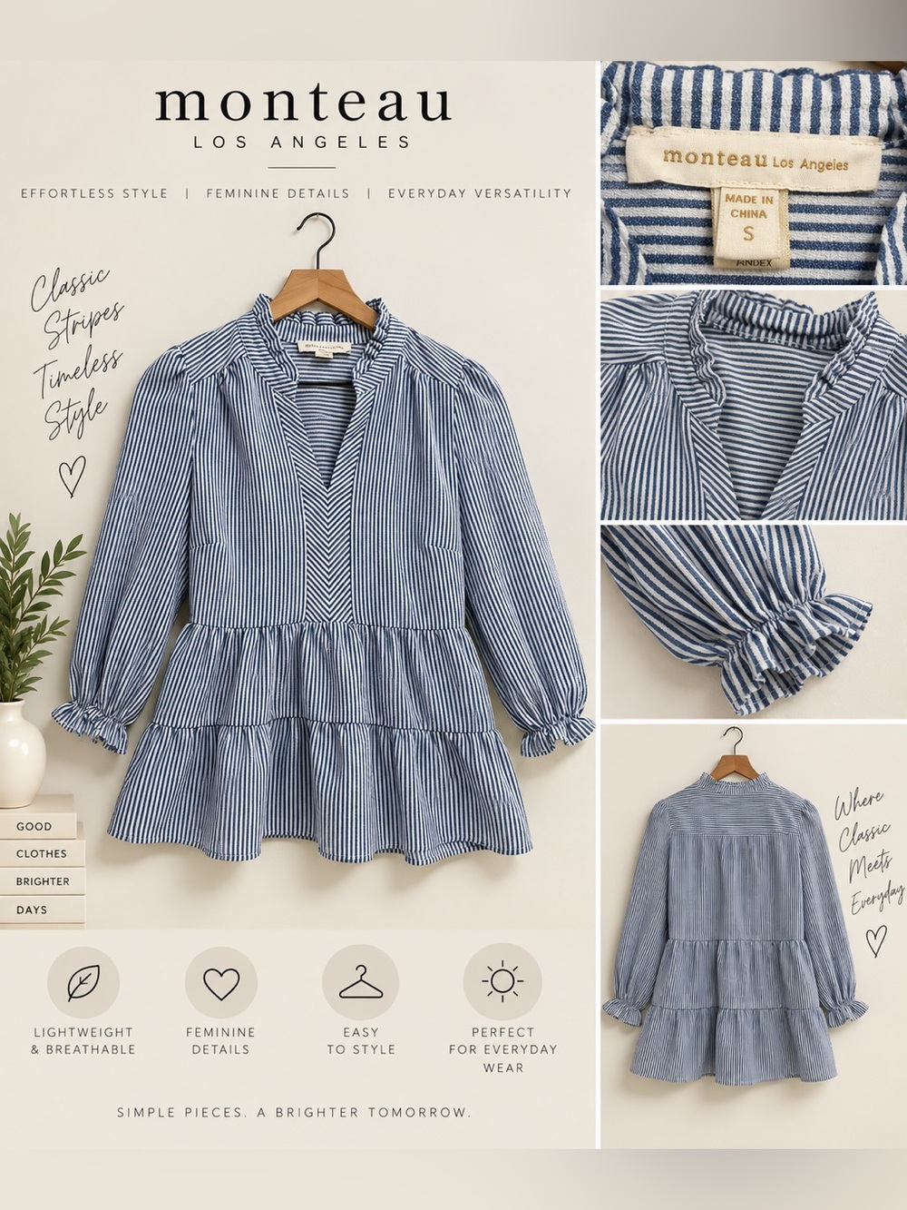Striped Blue Peplum Blouse with V-Notch Neckline